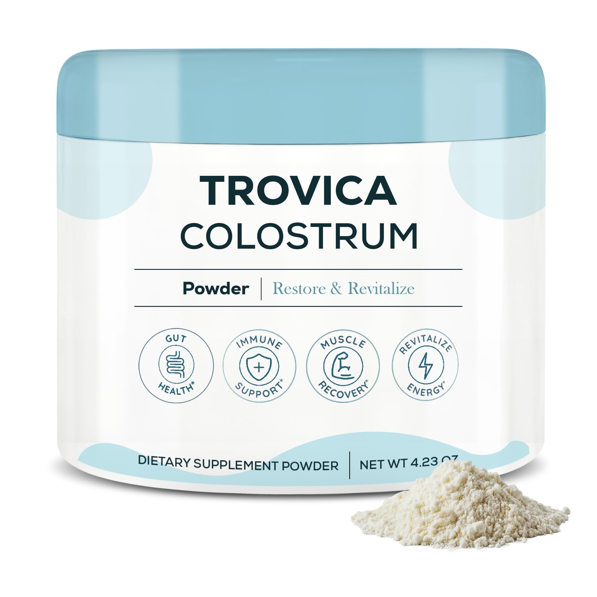 TROVICA Colostrum Powder unflavored bottle promotes gut health and overall vitality.