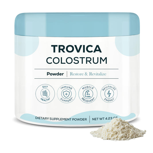 TROVICA Colostrum Powder unflavored bottle promotes gut health and overall vitality.