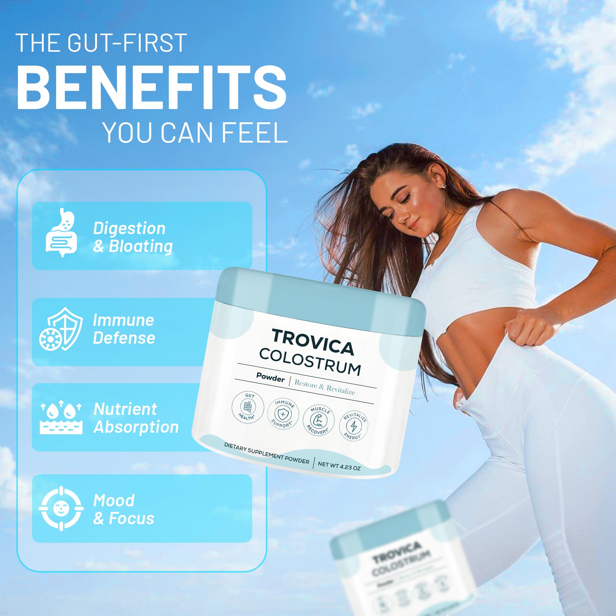 TROVICA Colostrum Powder unflavored ingredients shows a nutrient-rich formula.