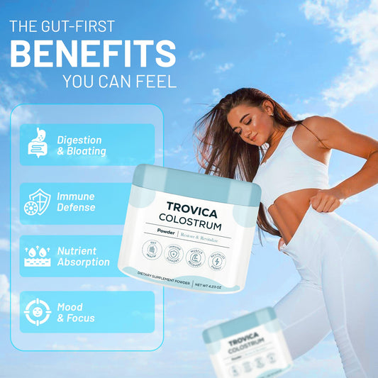 TROVICA Colostrum Powder unflavored ingredients shows a nutrient-rich formula.