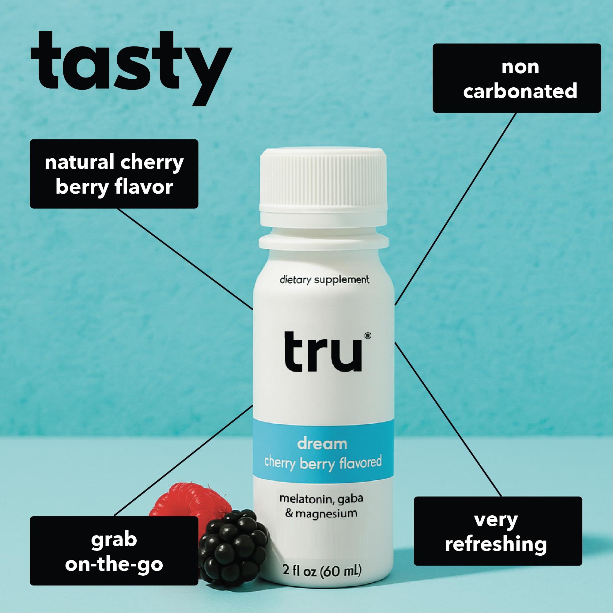 Tru Dream Shot cherry berry flavor close-up with zero sugar profile.