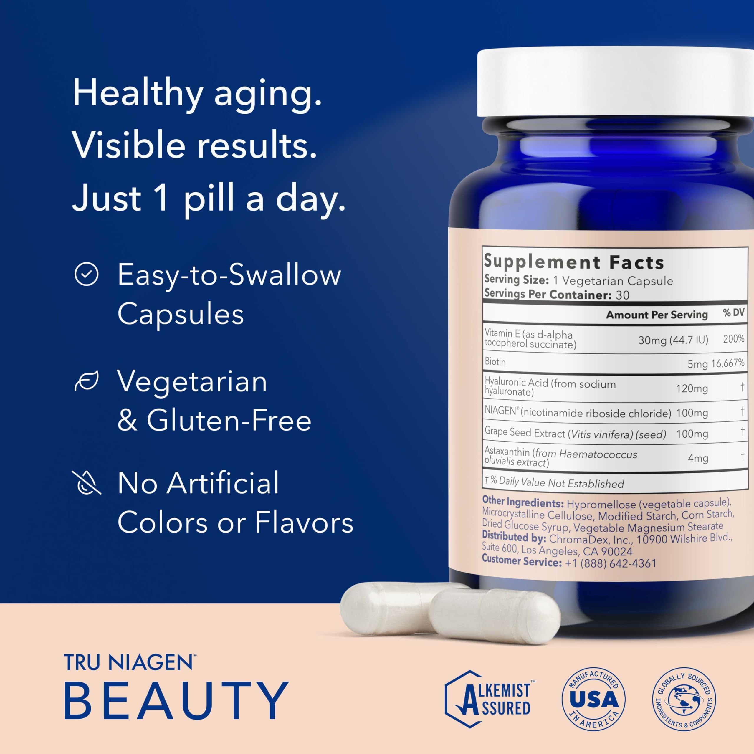 TRU NIAGEN Beauty NAD+ vitamin E and grape seed extract details