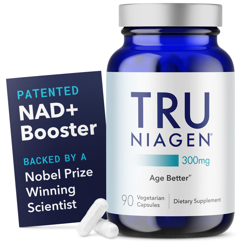 TRU NIAGEN bottle front with label and dosage hints for cellular support.