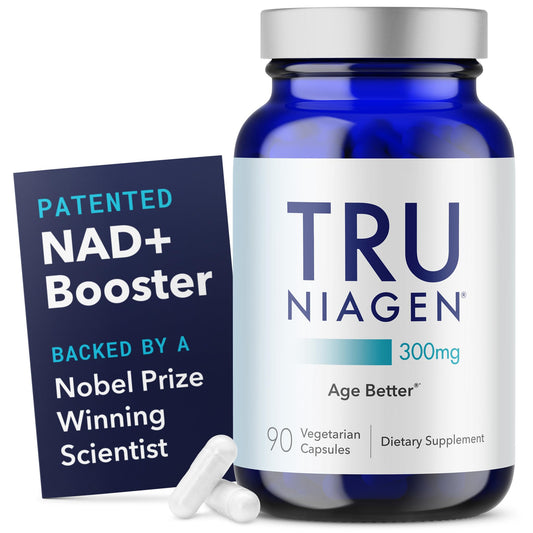 TRU NIAGEN bottle front with label and dosage hints for cellular support.