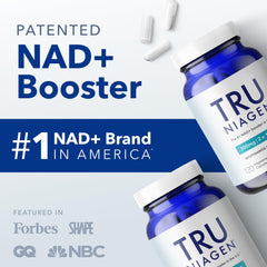 TRU Niagen daily dosage visual with capsules and glass