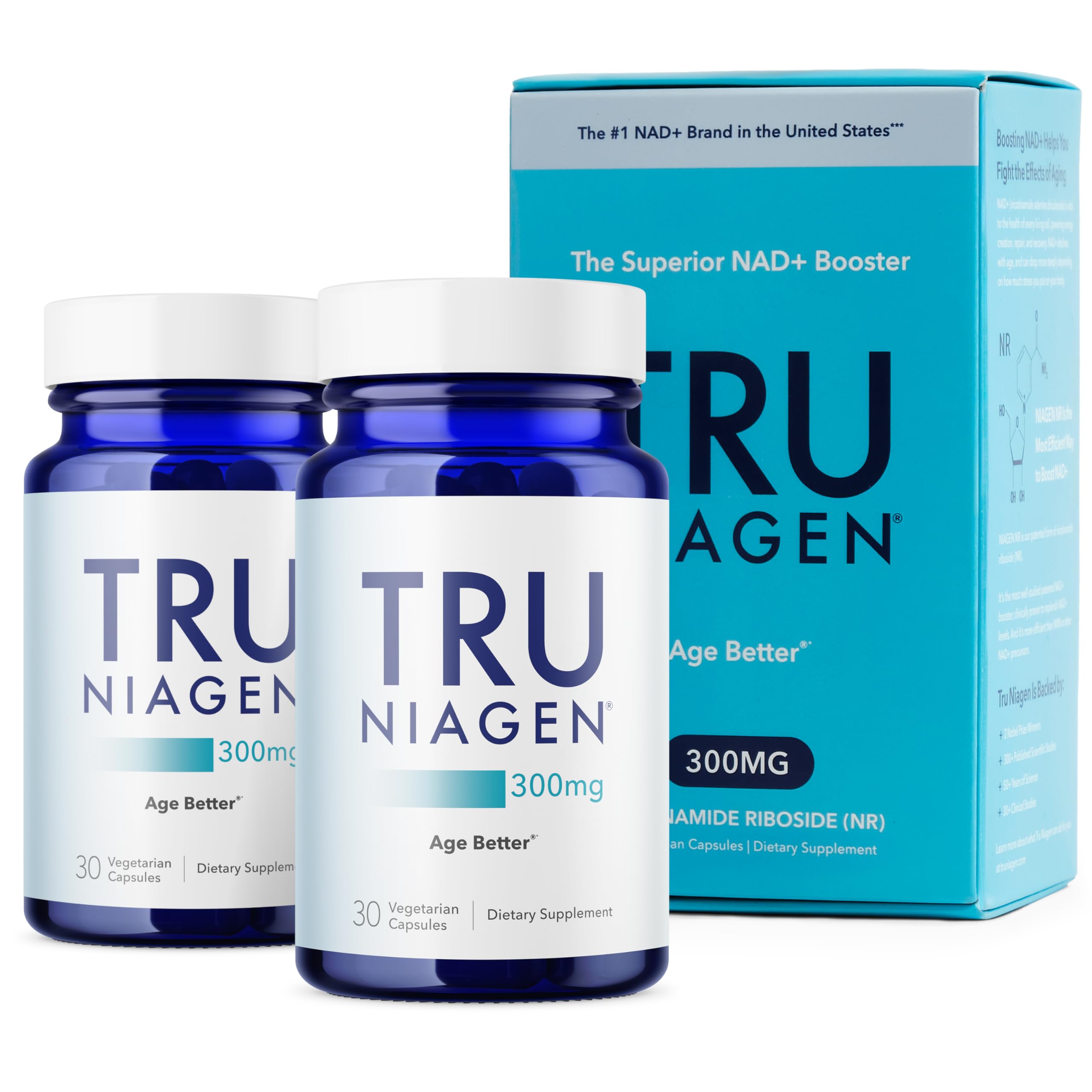 TRU NIAGEN patented NAD+ bottle front view highlighting 300 mg serving for cellular energy.