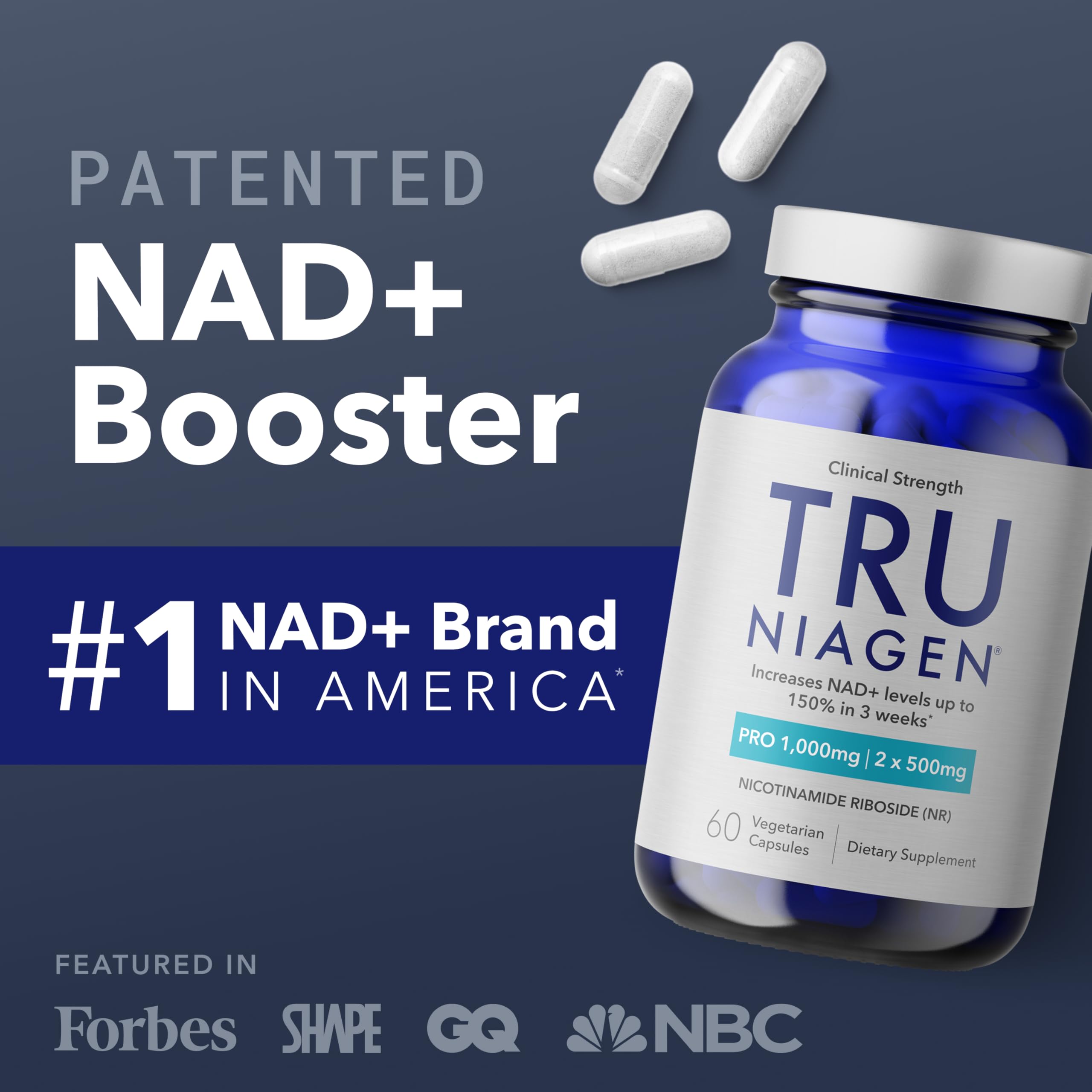 TRU NIAGEN Pro capsules close-up showing a clean, tested formula.