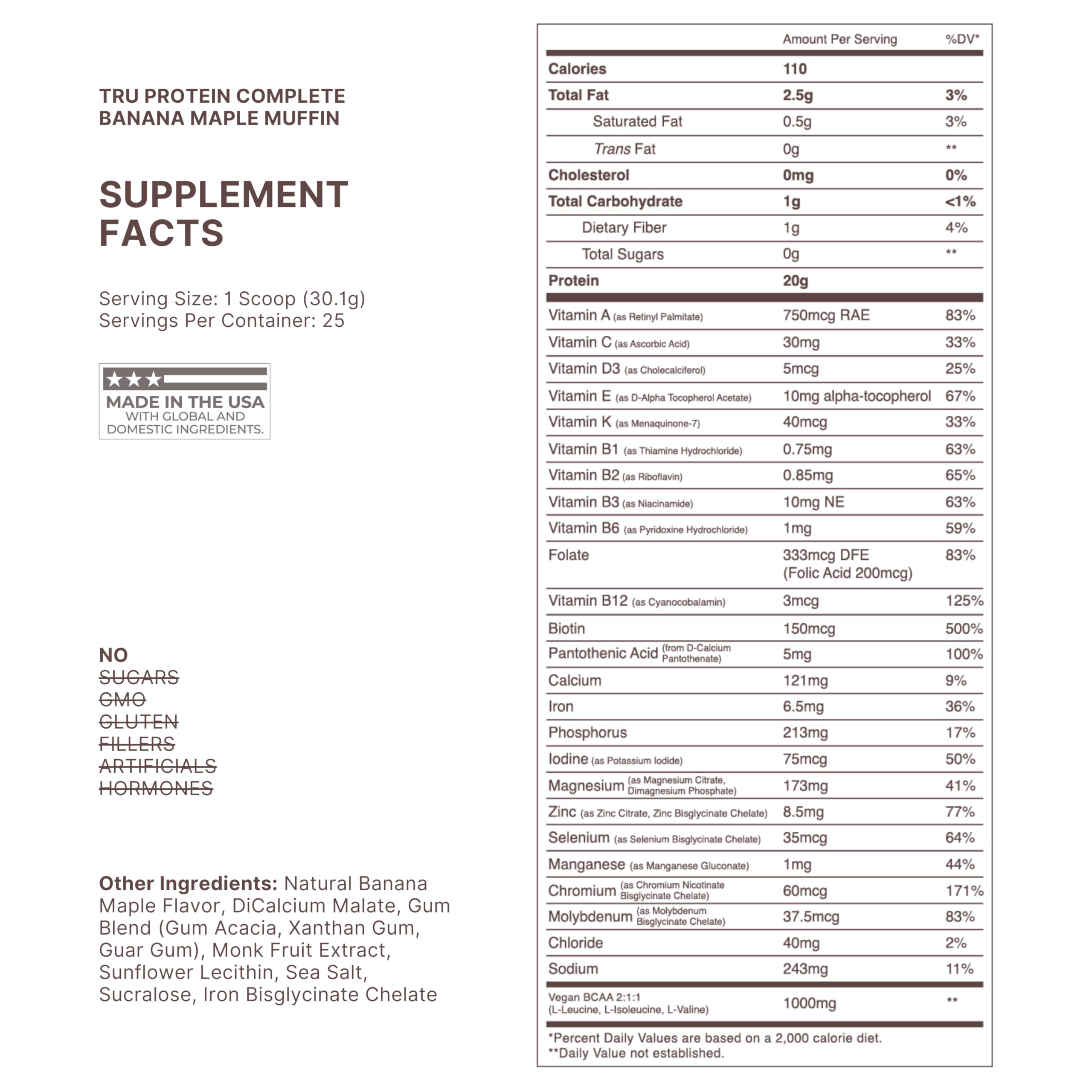 TRU Supplements Banana Maple Muffin powder scoop shows convenient servings for daily protein