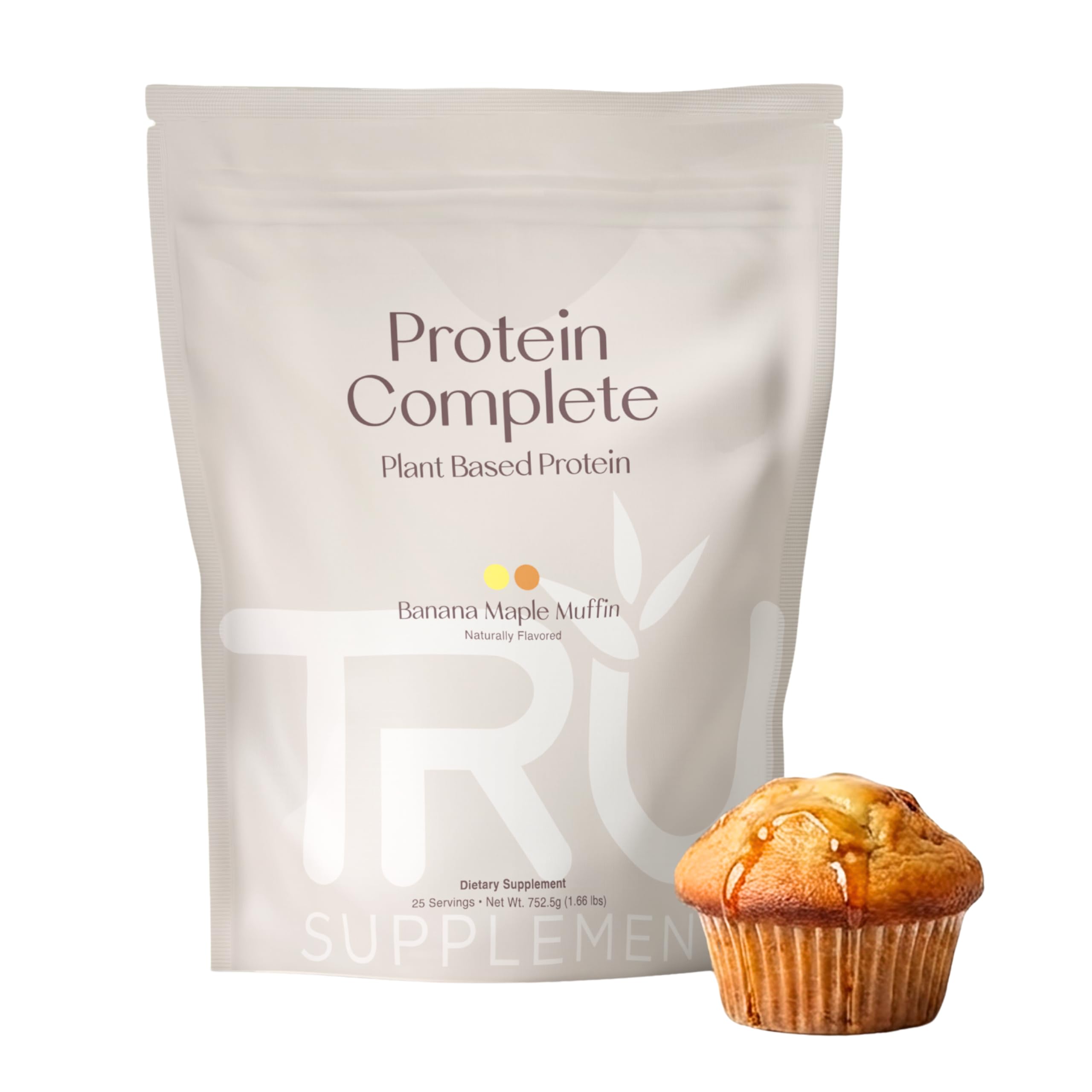 TRU Supplements Banana Maple Muffin vegan protein powder tub front highlights vegan protein for clean nutrition