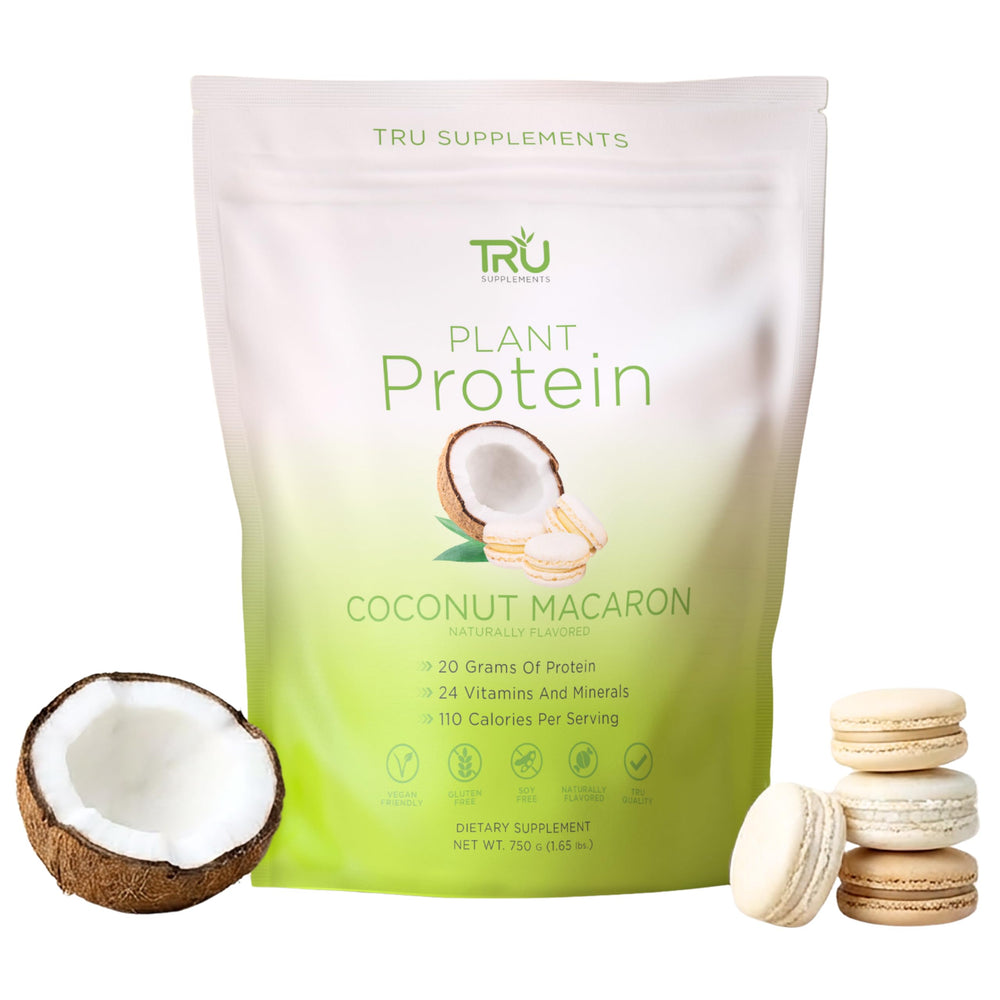 TRU Supplements Coconut Macaron bottle front shows vegan protein for clean daily fueling
