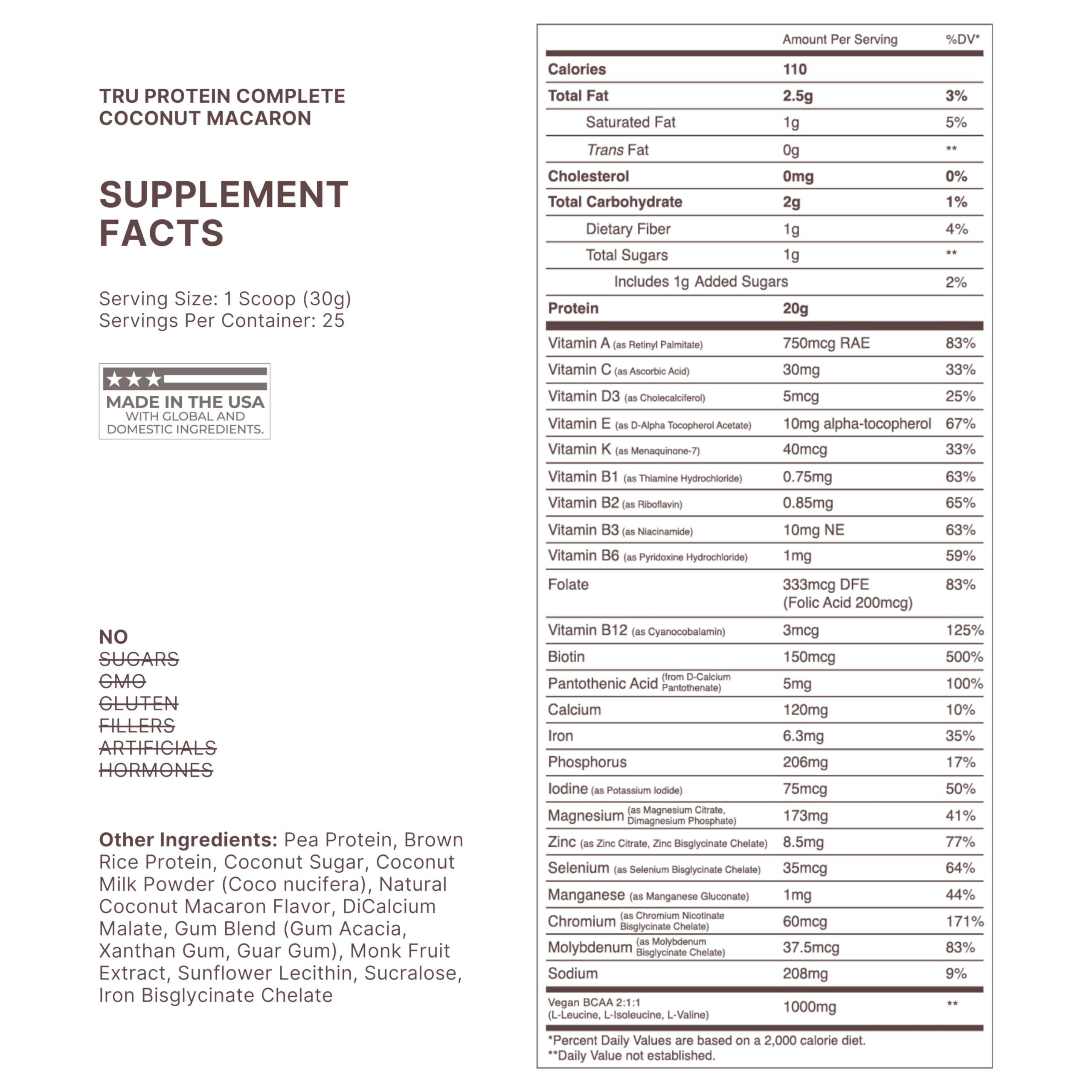 TRU Supplements Coconut Macaron powder scoop highlights 20 g protein per serving