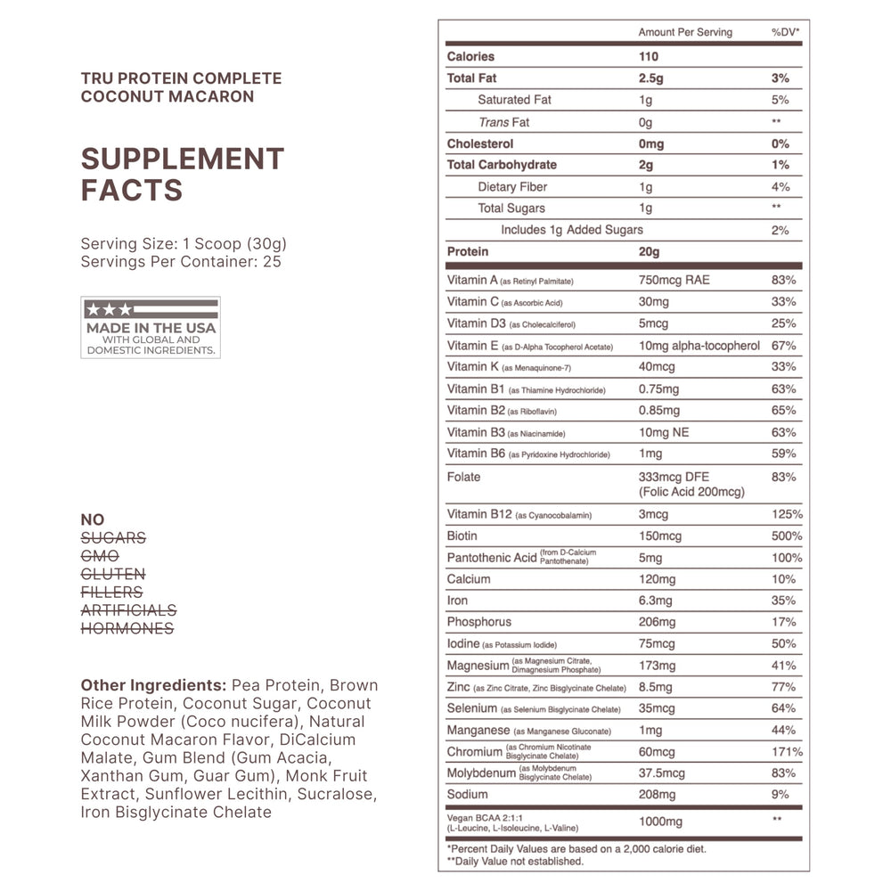 TRU Supplements Coconut Macaron powder scoop highlights 20 g protein per serving
