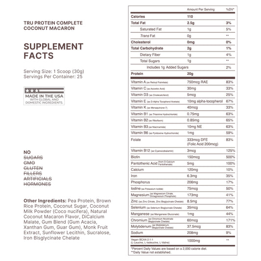TRU Supplements Coconut Macaron powder scoop highlights 20 g protein per serving