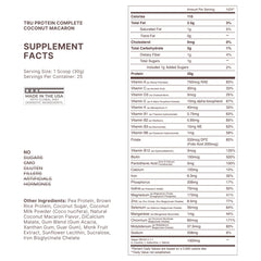 TRU Supplements Coconut Macaron powder scoop highlights 20 g protein per serving