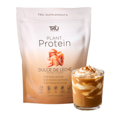 TRU Supplements Dulce De Leche packaging highlights plant-based protein for daily workouts.