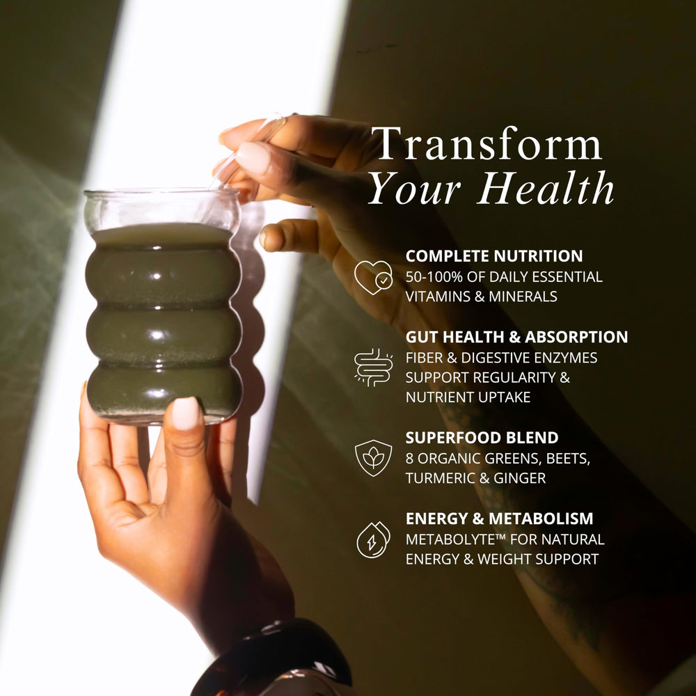 TRU Supplements Greens Complete powder being measured—daily wellness support.