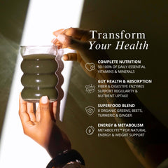 TRU Supplements Greens Complete powder being measured—daily wellness support.