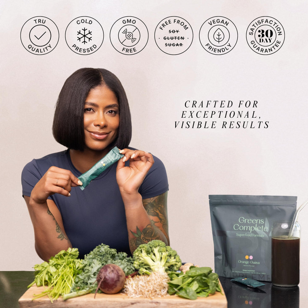 TRU Greens Complete shake with orange guava flavor—refreshing hydration.