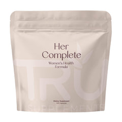 TRU Supplements HER bottle highlighting daily hormone support and skin health benefits.