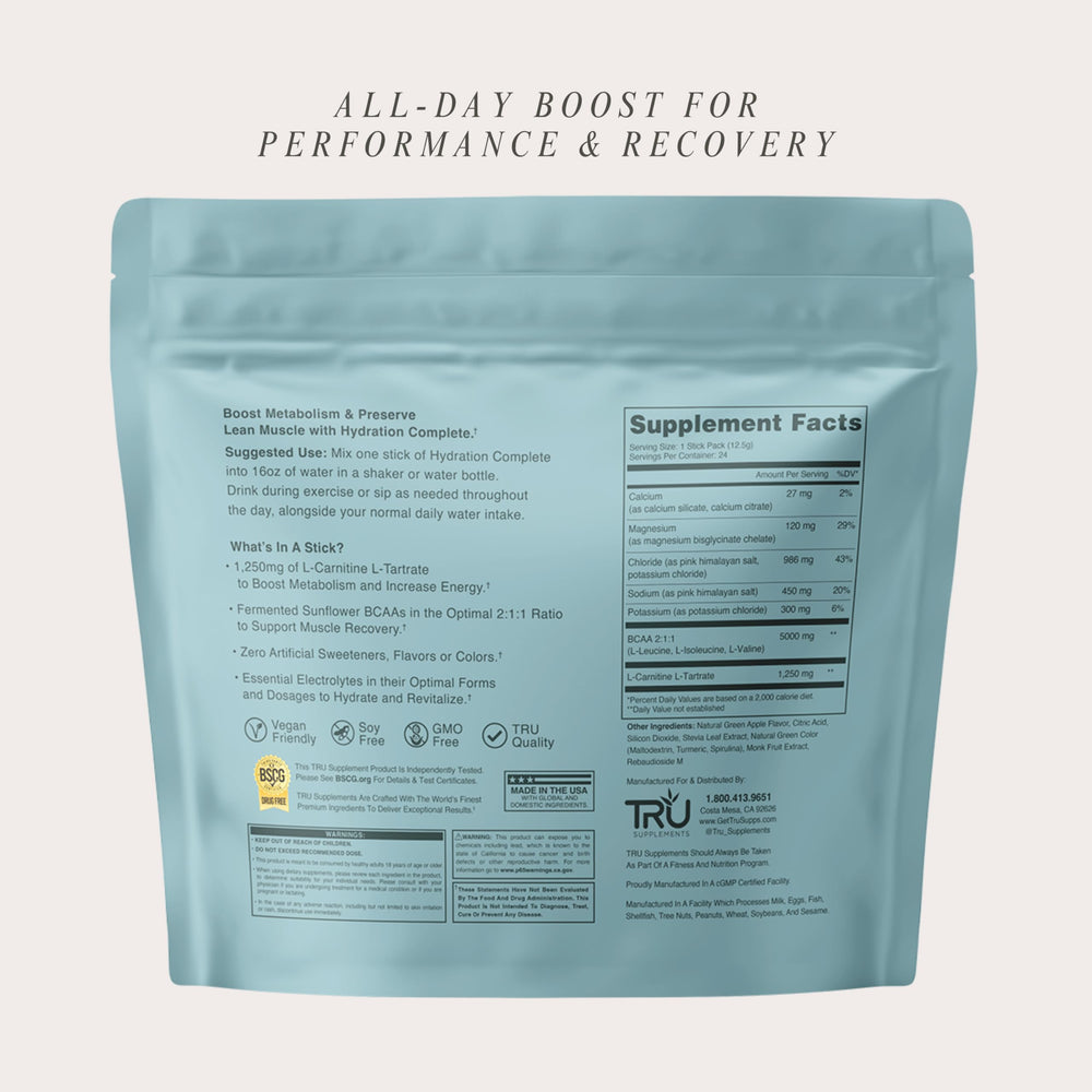 TRU Supplements Hydration Complete BCAA label closeup highlighting vegan formula.