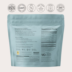 TRU Supplements container next to hand showing package size and scale