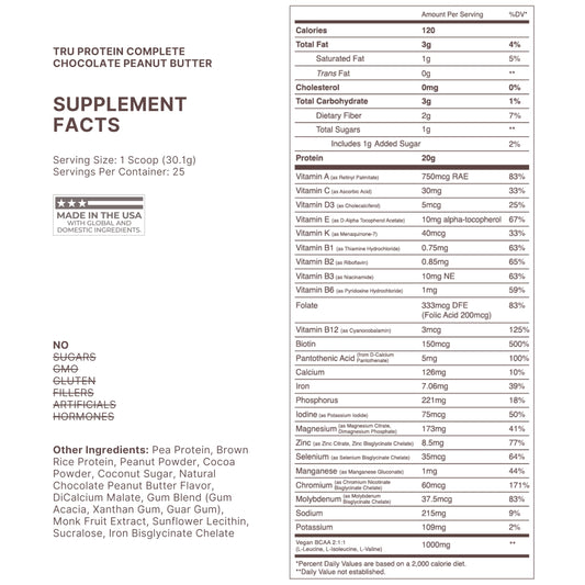TRU Supplements ingredients panel highlights brown rice and pea protein for vegan nutrition.