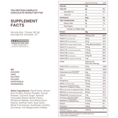 TRU Supplements ingredients panel highlights brown rice and pea protein for vegan nutrition.