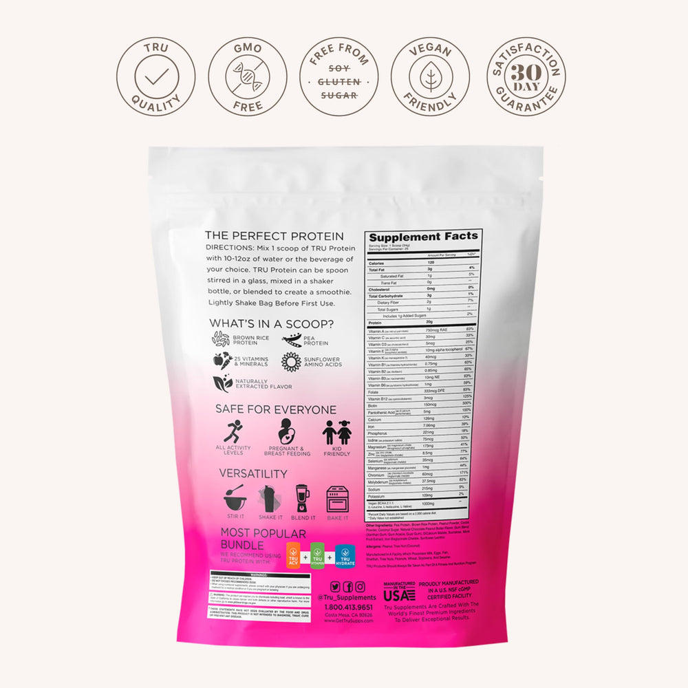 TRU Supplements scoop and jar showing 25 servings for daily protein goals.