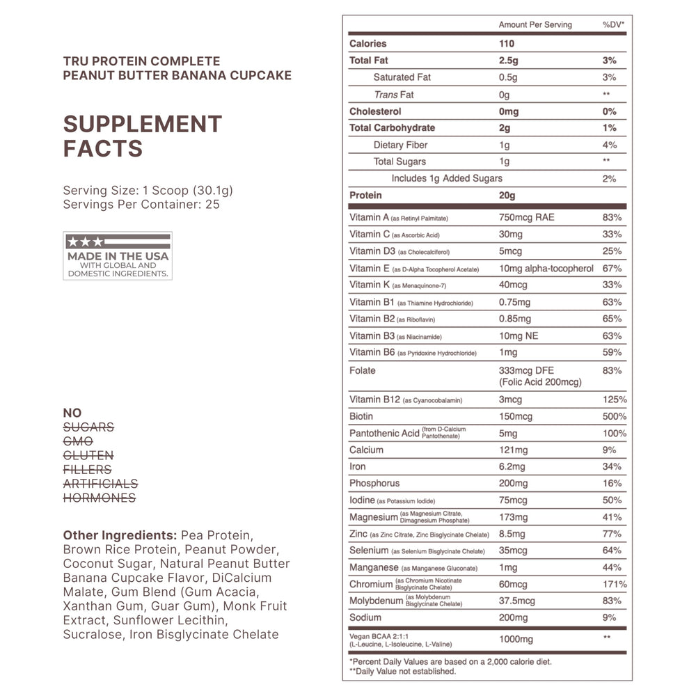TRU Supplements scoop with Peanut Butter Banana Cupcake flavor indicating convenient serving