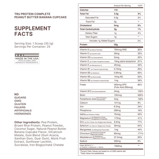 TRU Supplements scoop with Peanut Butter Banana Cupcake flavor indicating convenient serving