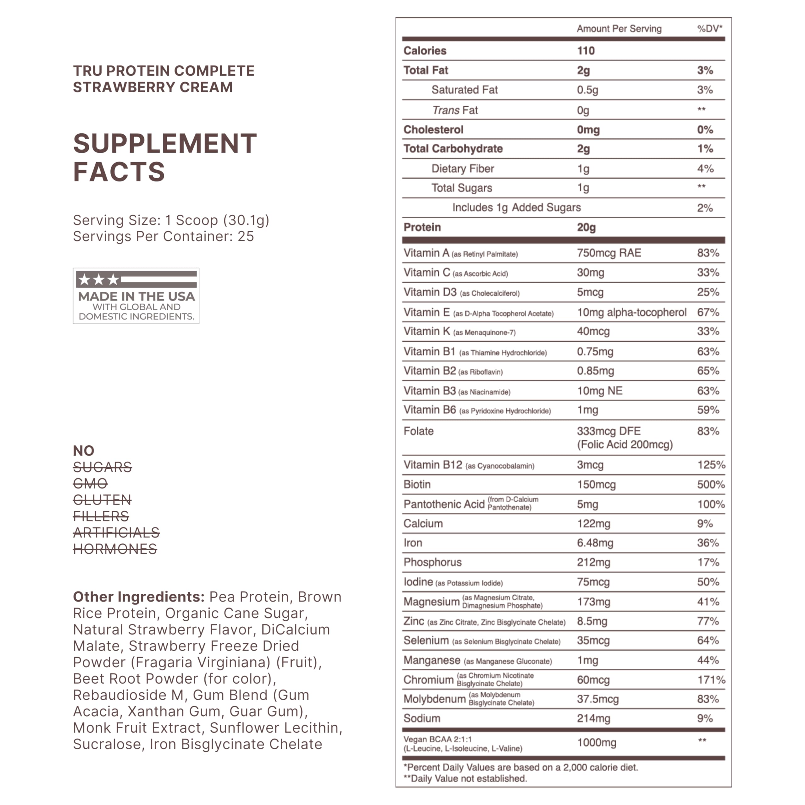 TRU Supplements protein powder tub back showing ingredients and plant-based blend.