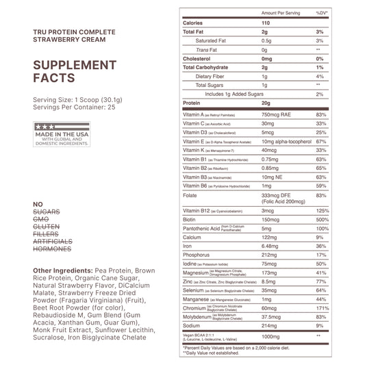 TRU Supplements protein powder tub back showing ingredients and plant-based blend.