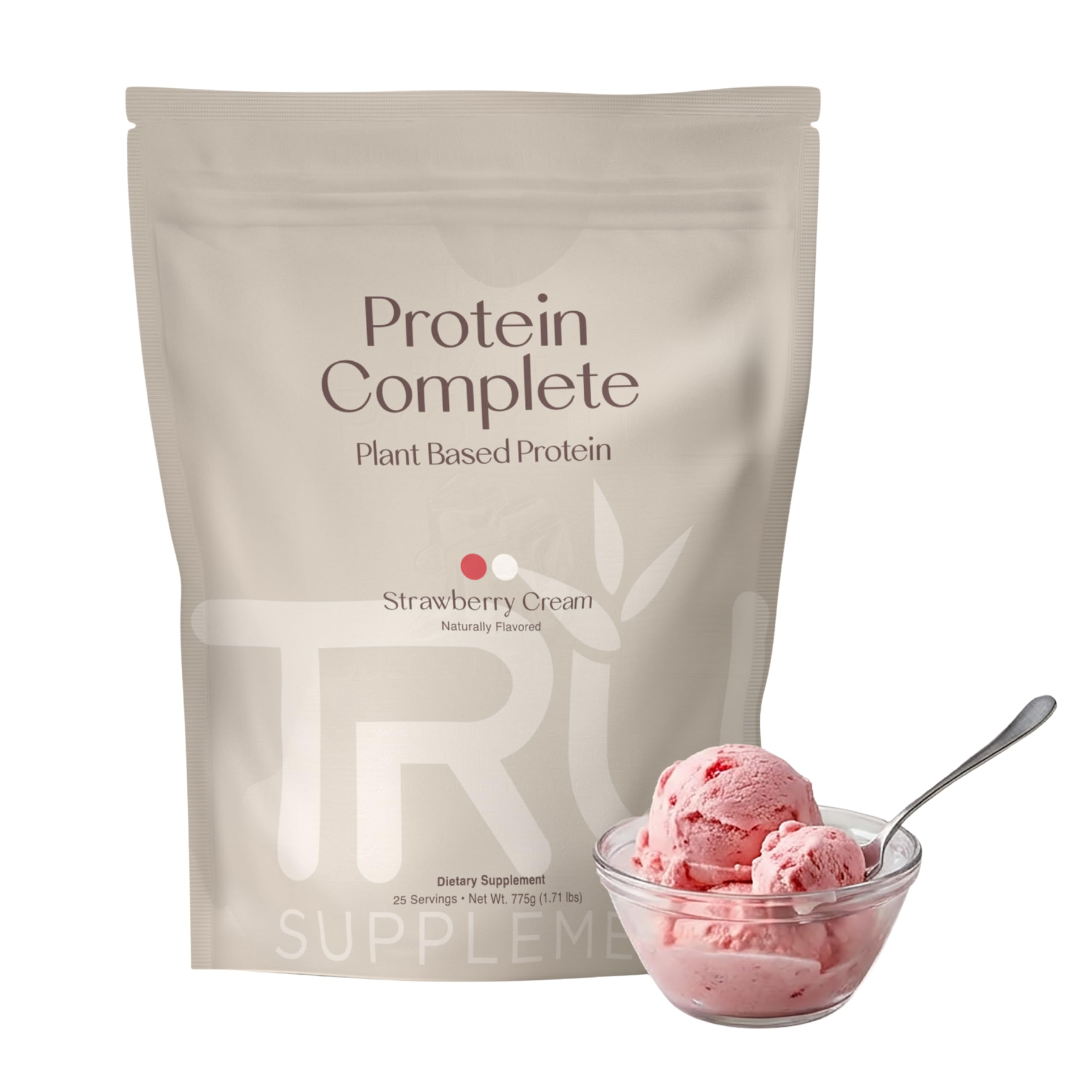 TRU Supplements protein powder tub front in strawberry cream flavor for post-workout fueling.
