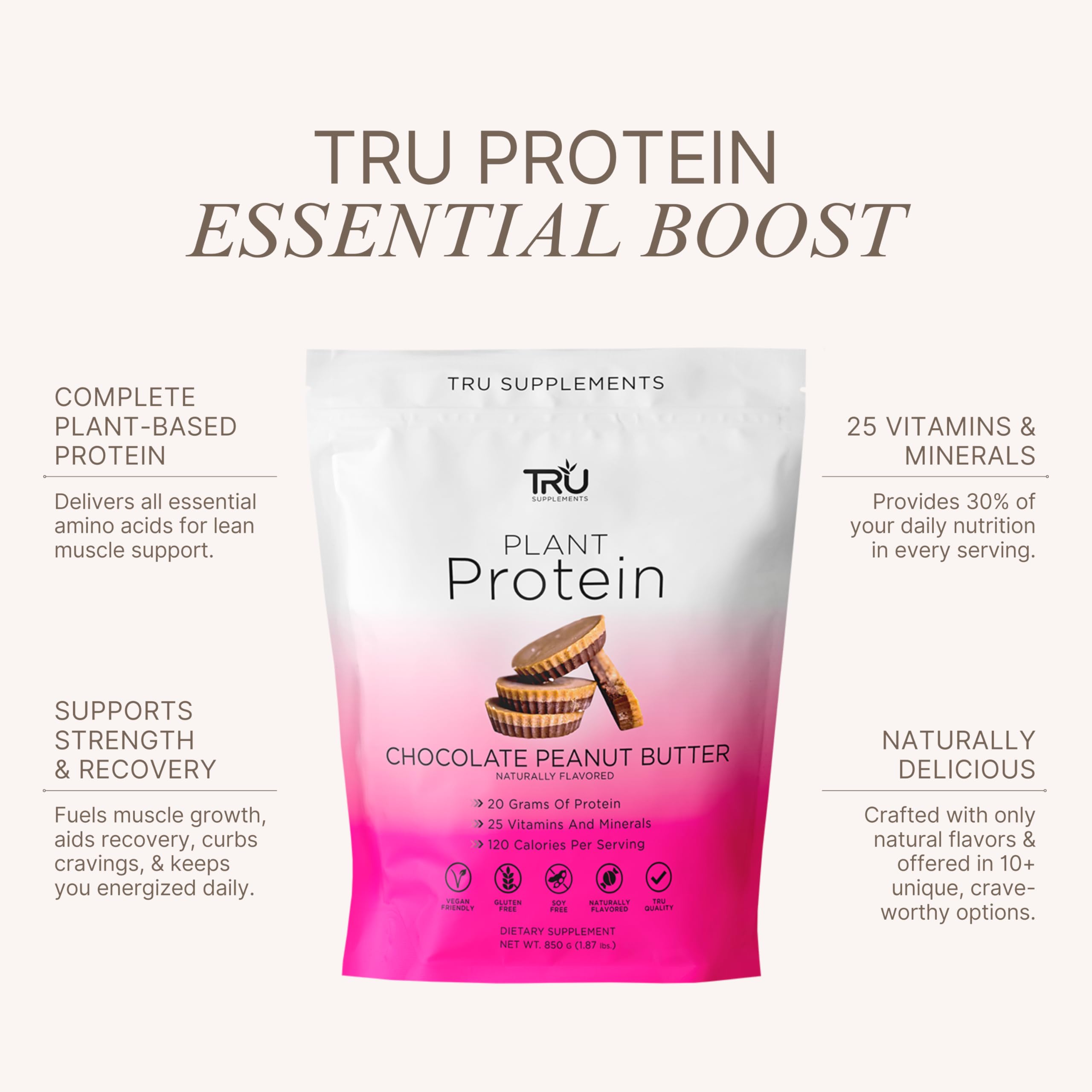 TRU Supplements shaker with protein powder ready to mix a plant-based drink.
