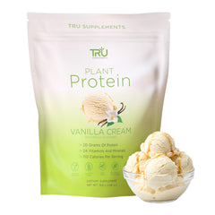 TRU Supplements Vanilla Cream protein bottle — 25 servings for convenient daily nutrition.