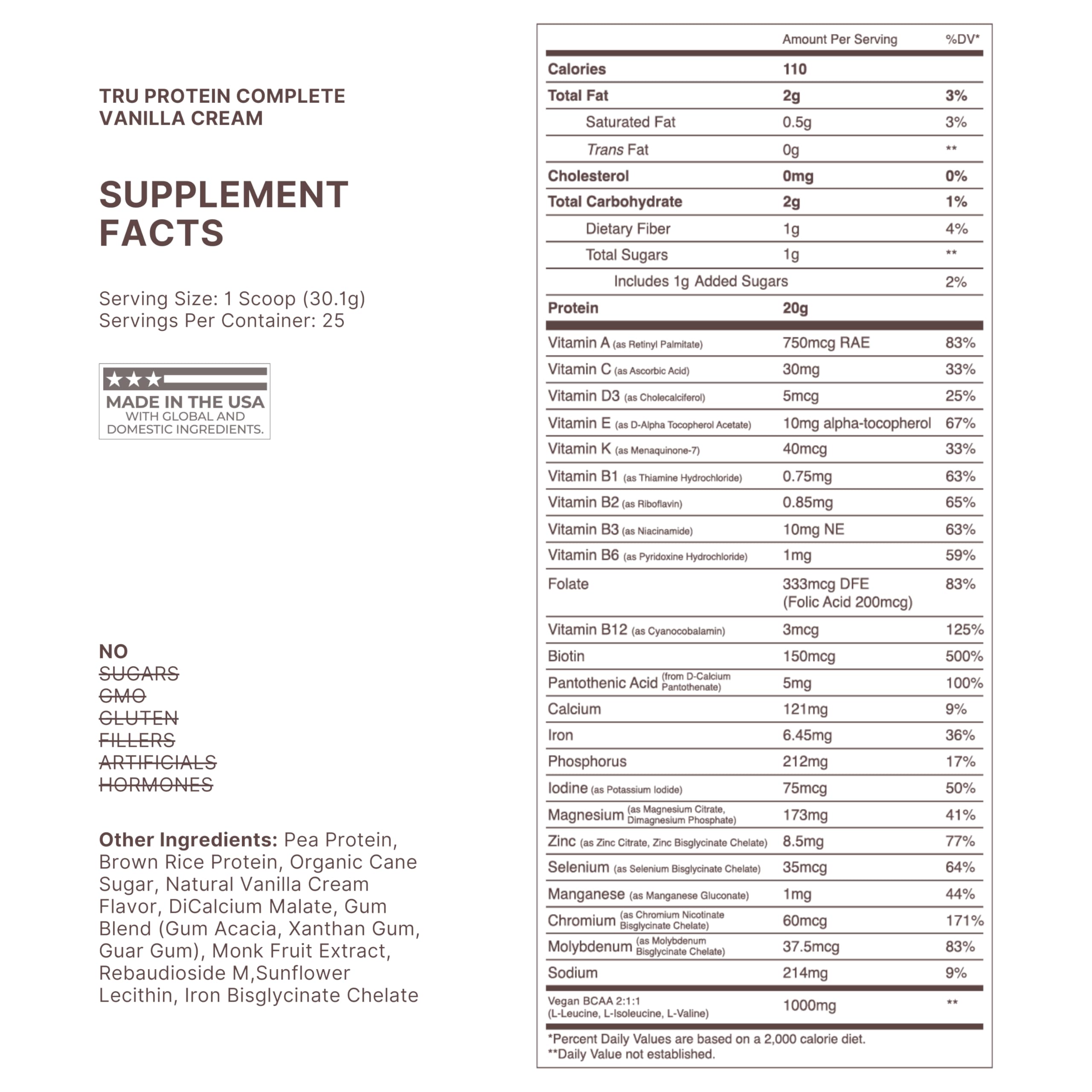 TRU Supplements Vanilla Cream protein powder being poured — clean ingredients.