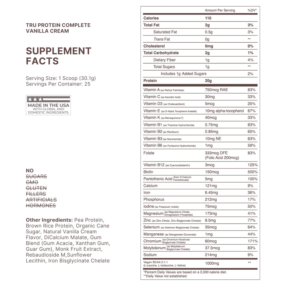 TRU Supplements Vanilla Cream protein powder being poured — clean ingredients.