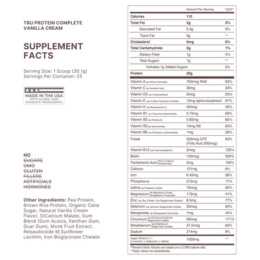 TRU Supplements Vanilla Cream protein powder being poured — clean ingredients.