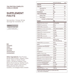 TRU Supplements Vanilla Cream protein powder being poured — clean ingredients.
