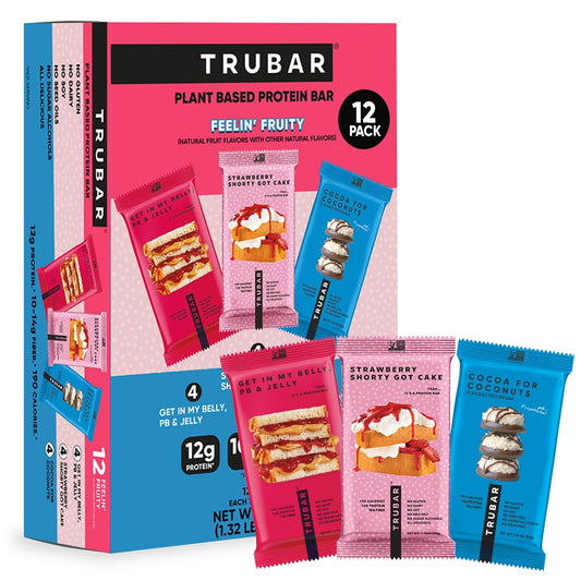 TRUBAR Feelin’ Fruity PB&J bar on-the-go snack, creamy flavor and protein balance.
