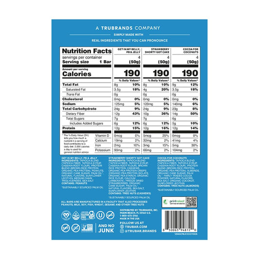 TRUBAR Feelin’ Fruity PB&J pack shows four bars for travel energy.
