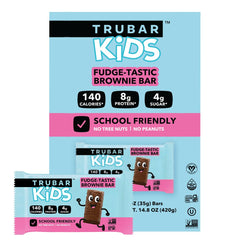 TRUBAR Kids Protein Bars pack shot showing gluten-free and peanut-free school snack benefits
