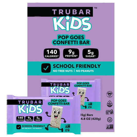 TRUBAR Pop Goes Confetti bar in lunchbox packaging for school snacks
