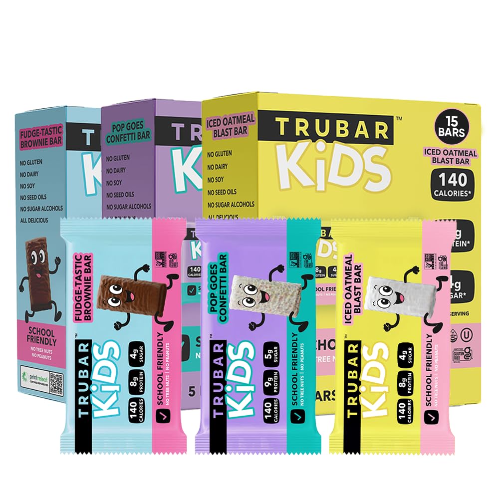 TRUBAR Kids Bars variety pack shown in a lunchbox for busy school days.