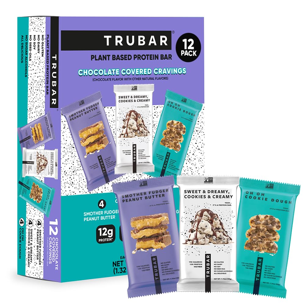 TRUBAR Vegan Protein Bars chocolate-coated variety pack for on-the-go indulgence.