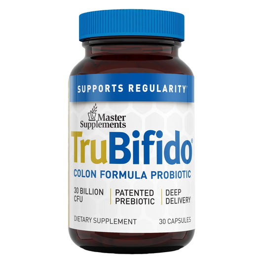 TruBifido Master Probiotic bottle front shows the label and gluten-free claim.