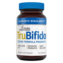 TruBifido Master Probiotic bottle front shows the label and gluten-free claim.