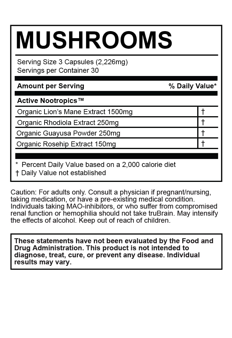 TruBrain bottle on table conveying caffeine-free, sugar-free brain boost option.