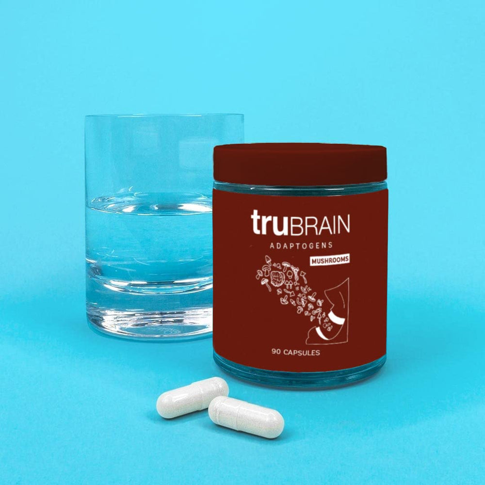 TruBrain capsules closeup showing fast-absorbing formula for quick cognitive support.