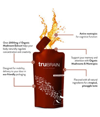 TruBrain Drink packaging scene conveys premium nootropic energy for study